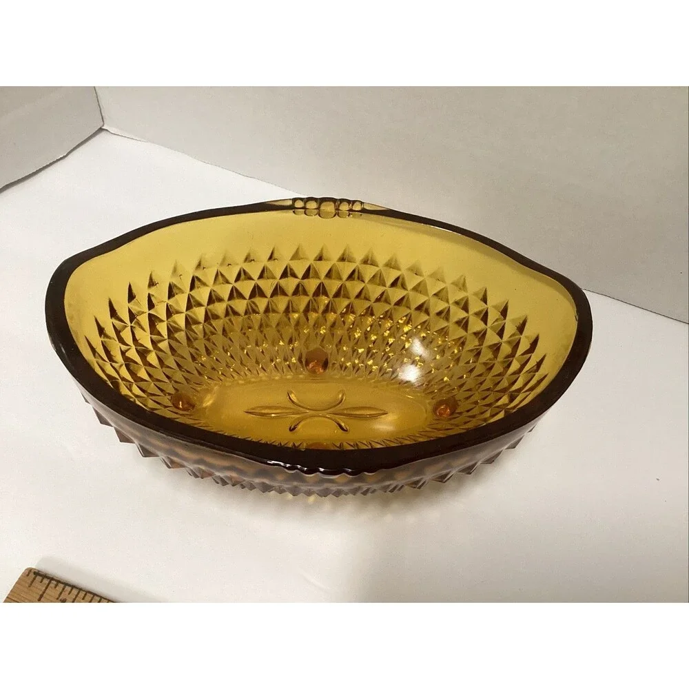 vintage Indiana glass amber -colored diamond point oval footed bowl
